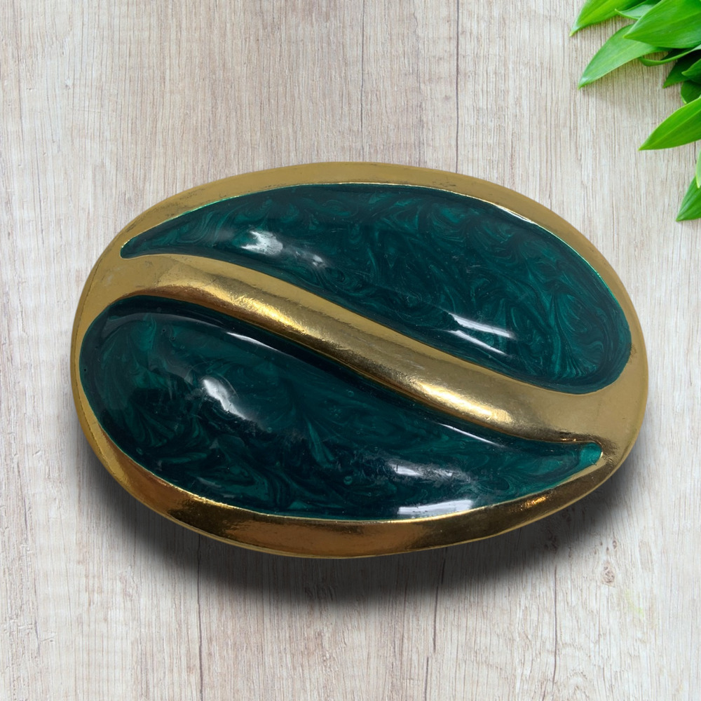 Vintage 1980's Day-Lor Gold Tone & Green Swirl Enamel Belt Buckle Couture Mogul